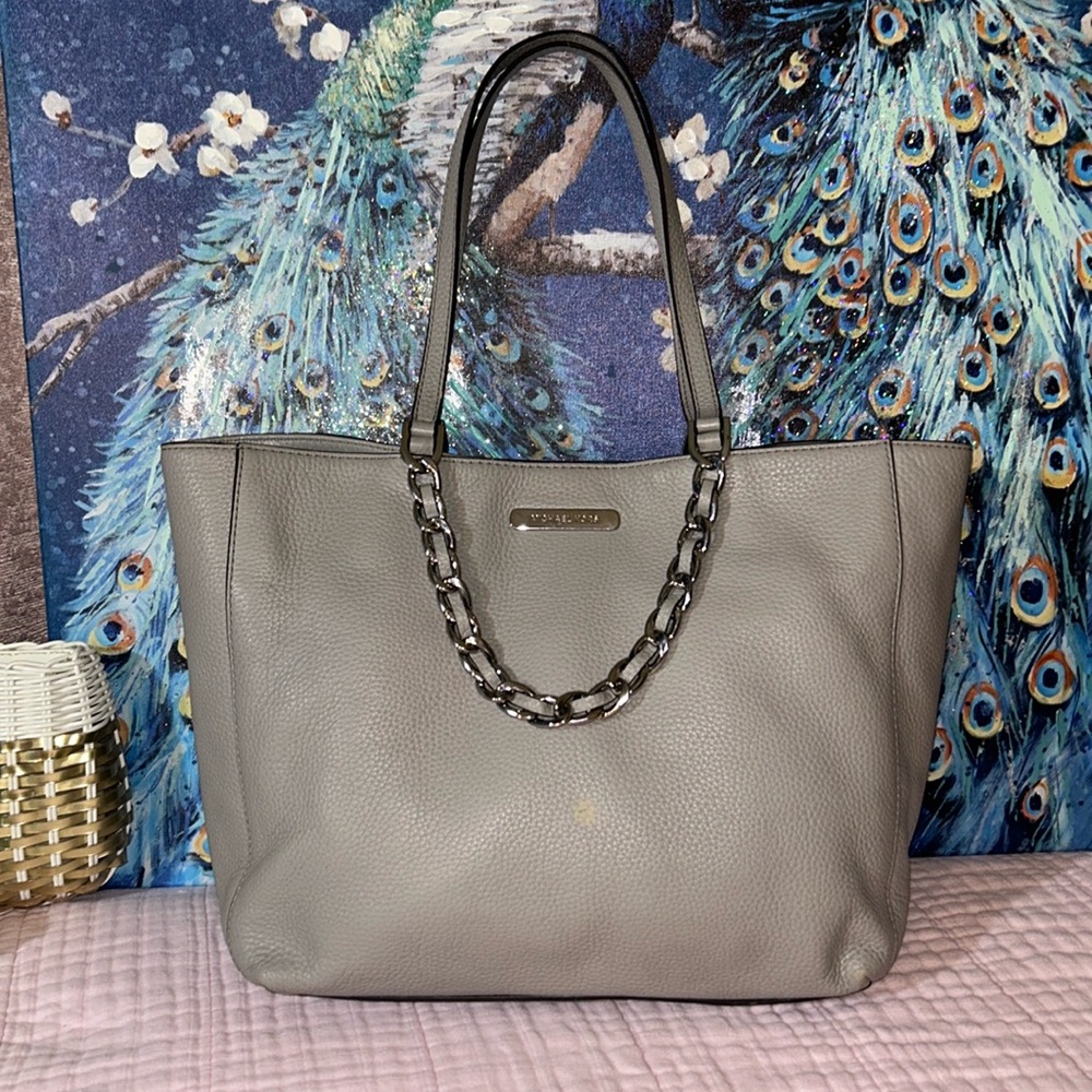 Michael Kors Pebbled Leather Gray With Silver Chain Harper Tote Bag
